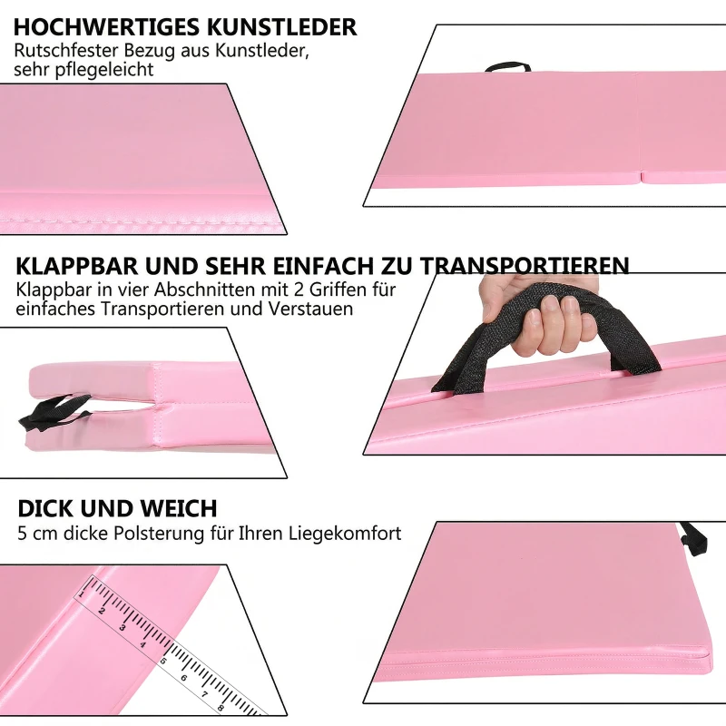 HOMCOM Trainingsmat Opvouwbare Fitnessmat met Handgrepen voor Yoga, MMA, Fitness, Pilates, Synthetische Bekleding, 180 x 60 x 5 cm, Roze