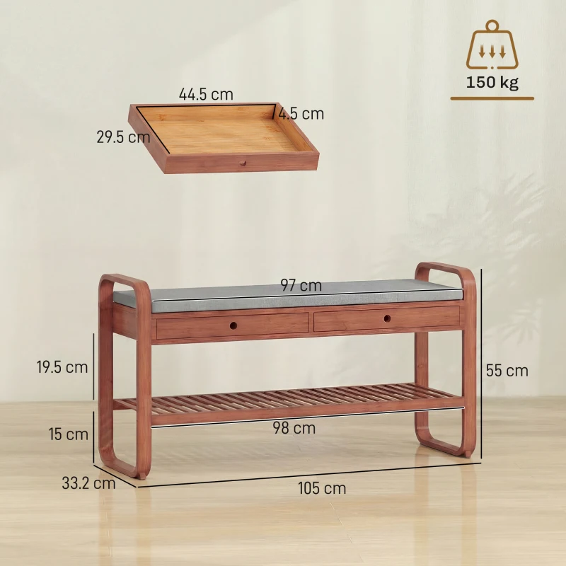 HOMCOM Shoe Bench with 2 Drawers Cushioned Seat Shoe Storage Bench for Hallway 105 cm Dark Brown and Grey