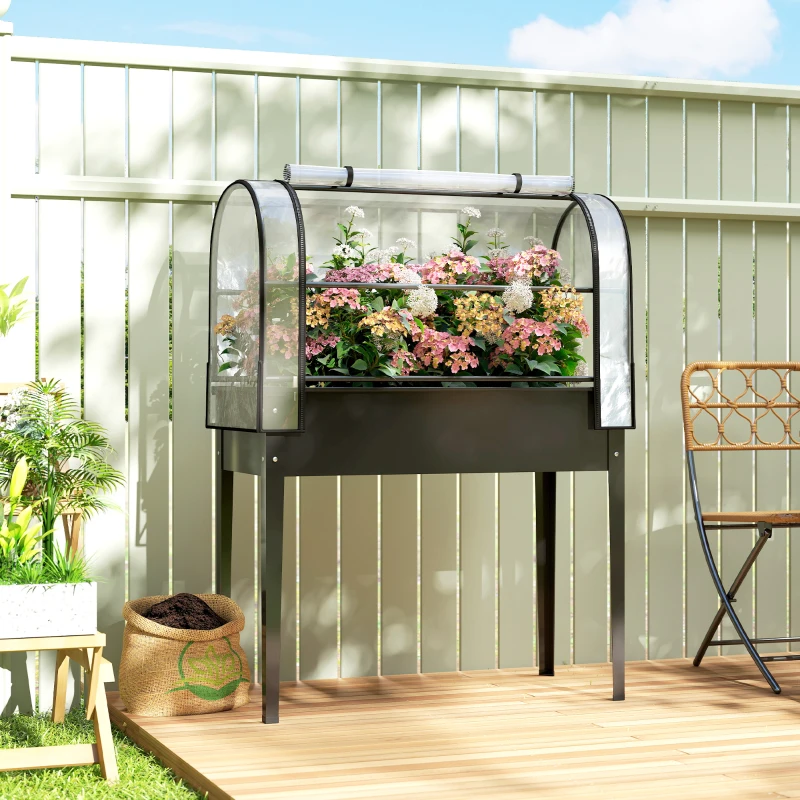 Outsunny Letto per Orto Rialzato con Copertura Mini Serra e Foro di Drenaggio, 100x49x136 cm, Nero