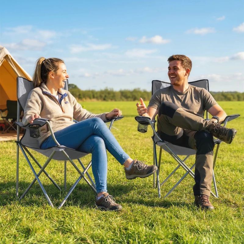 Outsunny Camping Chair Set of 2 Portable Folding Outdoor Camp Chair with Cup Holders and Carry Bag Grey