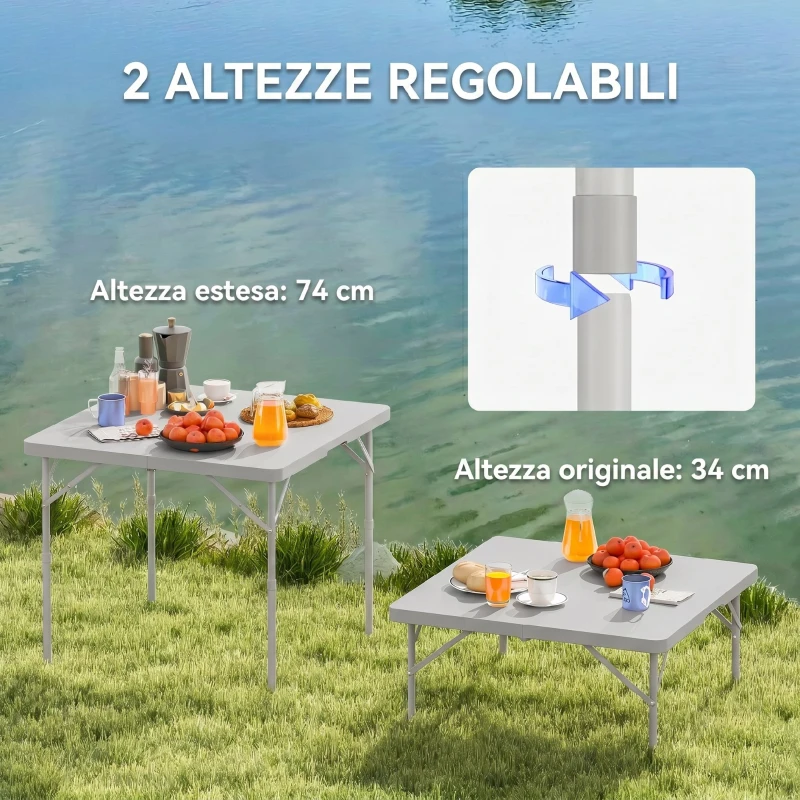 Outsunny Tavolo da Campeggio Pieghevole e Regolabile su 2 Altezze, in HDPE e Metallo, 86x86x74 cm, Grigio Scuro