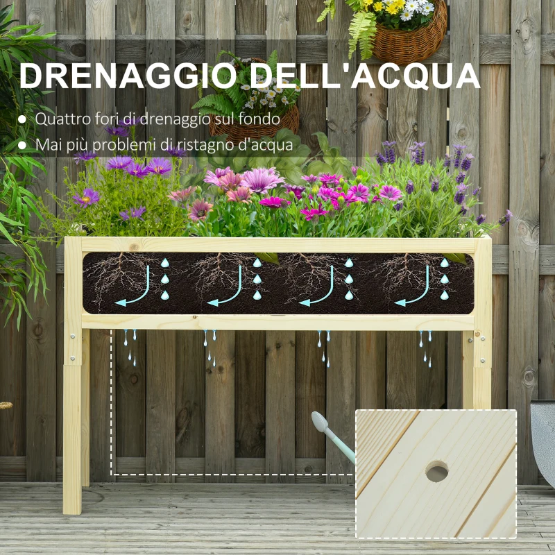 Outsunny Letto per Orto Rialzato Pieghevole in Legno con Fori di Drenaggio, 115x56x76 cm, Color Legno