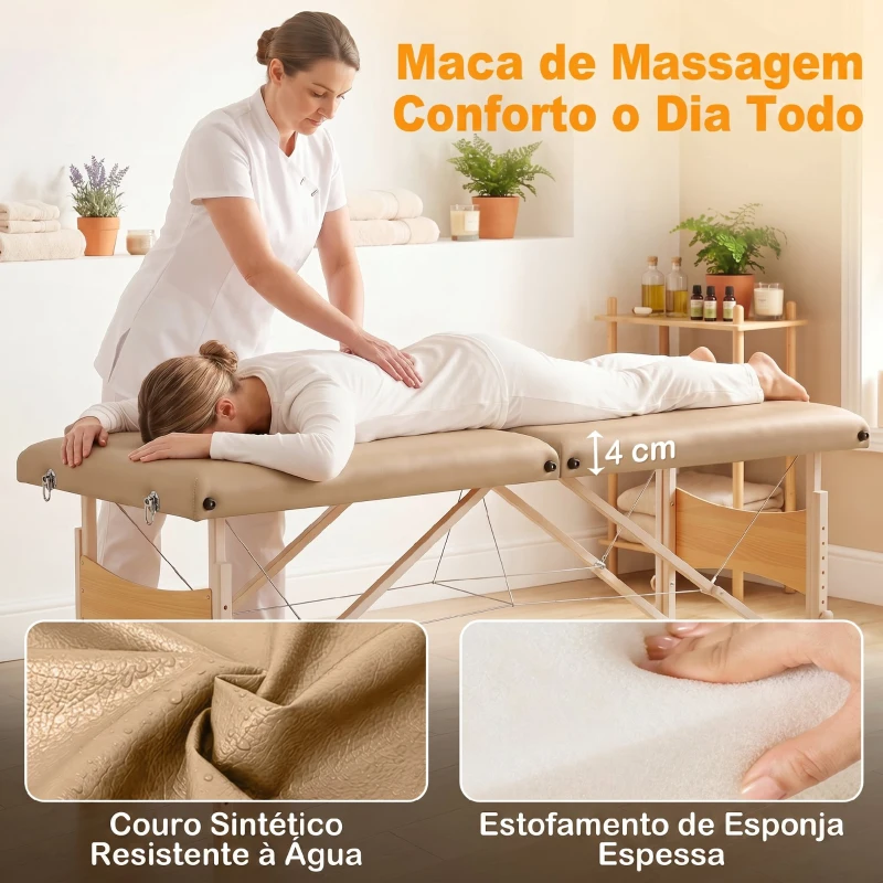 HOMCOM Marquesa de Massagem Dobrável com Estrutura em Madeira Altura Ajustável e Bolsa de Transporte 186x60x61-87 cm Castanho