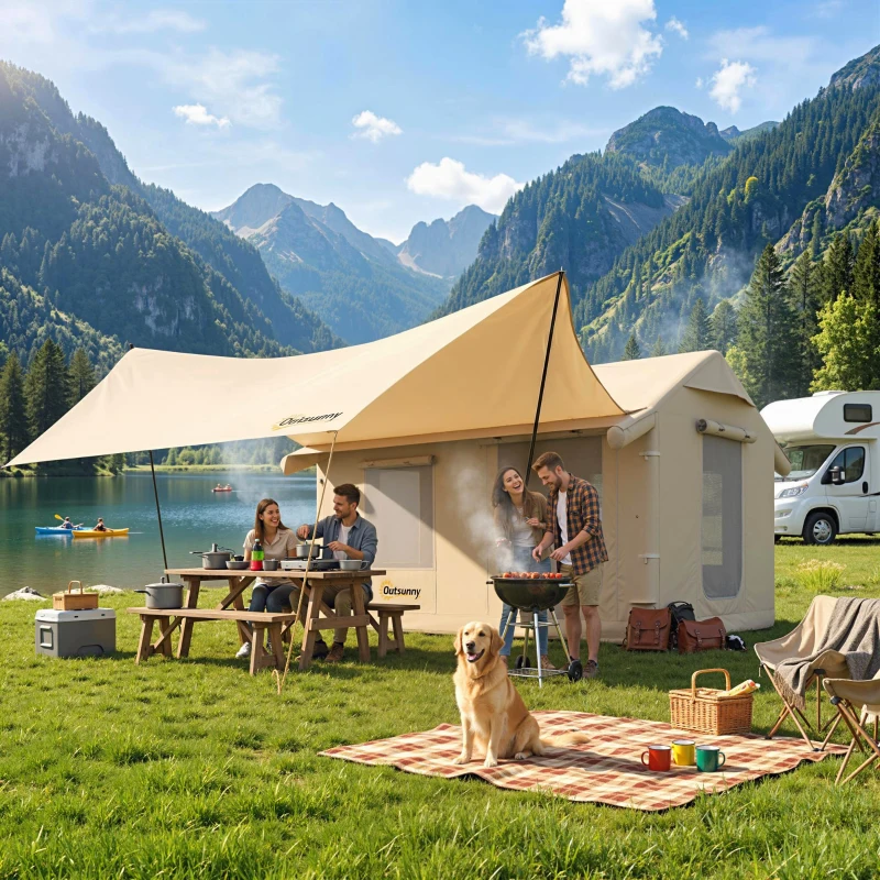 Outsunny Inflatable Tents Waterproof Glamping Tent with Stove Jack for 6-8 Person