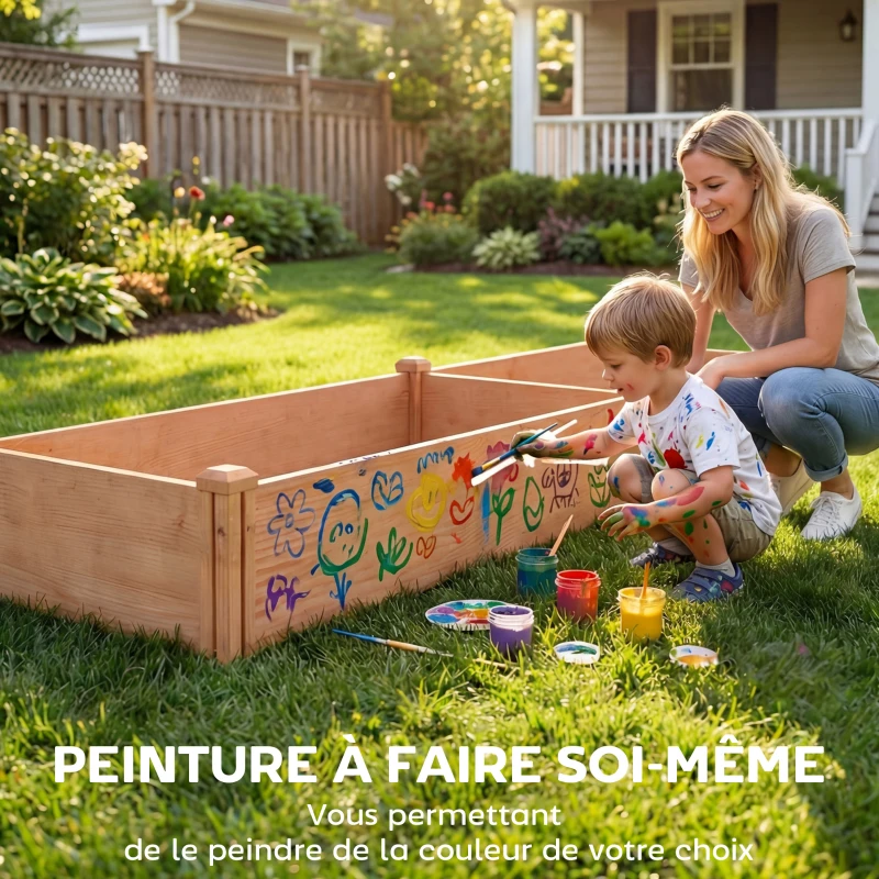 Outsunny Carré Potager en Bois Lit de Jardin Surélevé 4 Zones de Culture Fond Ouvert Montage sans Outil 234x109x25cm Marron Clair