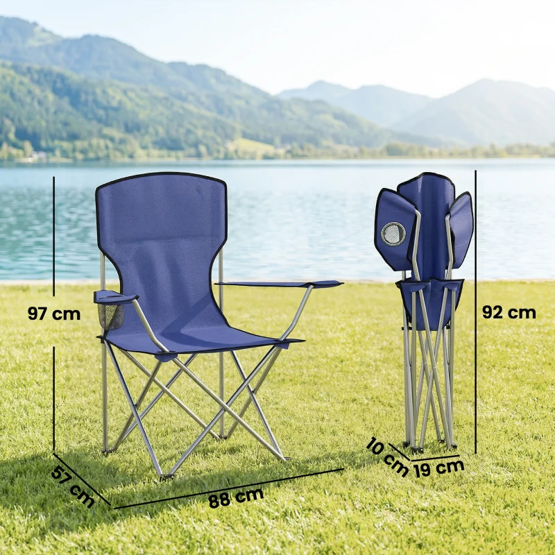 Outsunny Camping Chair Set of 2 Portable Folding Outdoor Camp Chair with Cup Holders and Carry Bag Dark Blue
