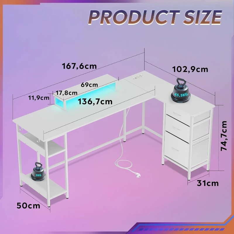 L-förmiger Eckschreibtisch, app‑steuerbare LED und integrierte Stromstation, 167.5x50x87.5 cm, Weiß