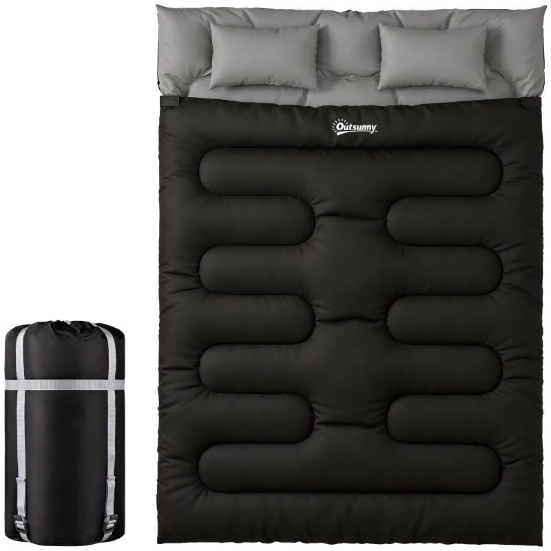 Outsunny Double Sleeping Bag with 2 Pillows, 220 x 160 cm Extra-Large Sleeping Bag for Adults, Black