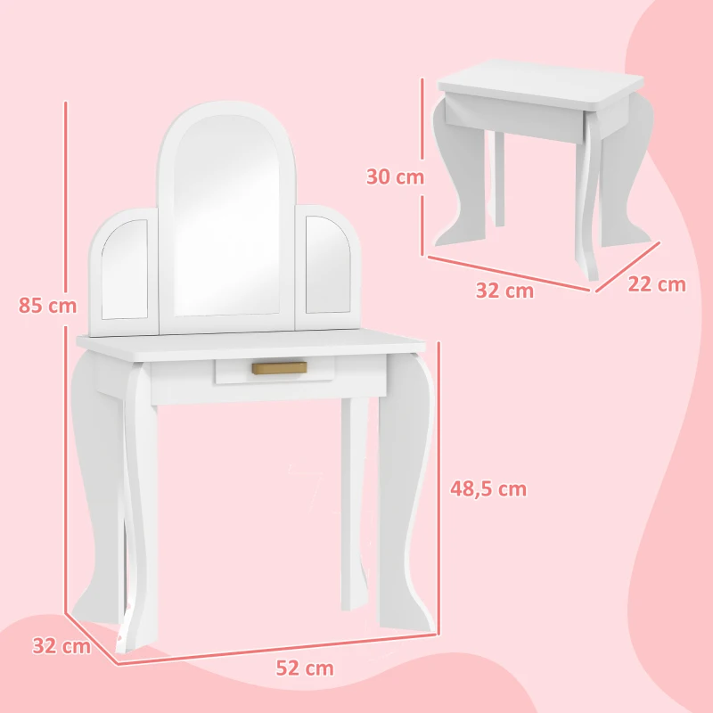 HOMCOM Tavolo per Trucco per Bambine 3-6 Anni con Sgabello, Cassetti e Specchio Coordinato in Acrilico, Bianco