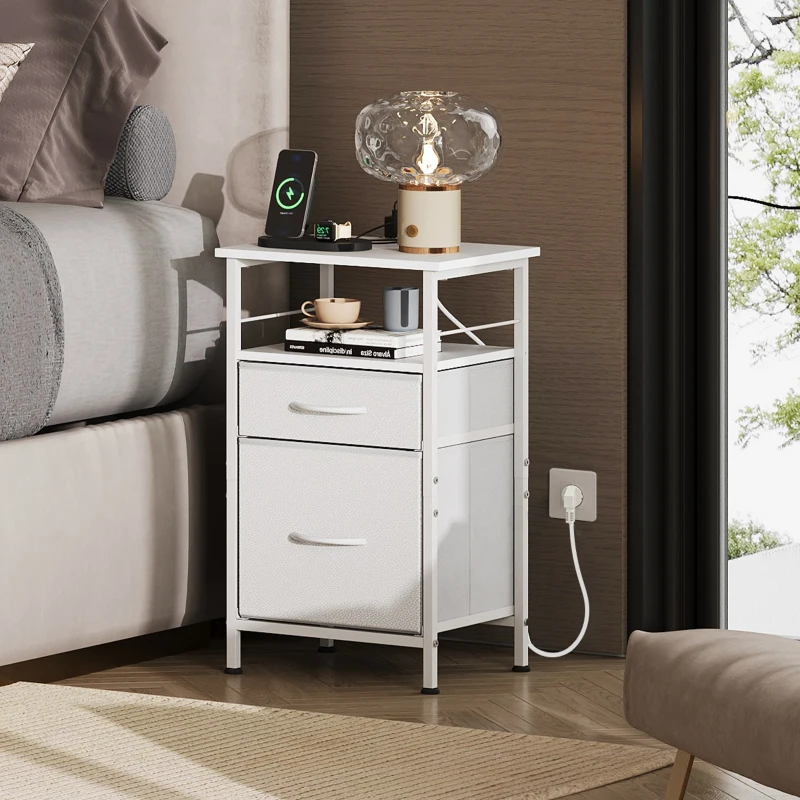 Nachttisch mit Ladefunktion, großer Stauraum, passend für Schlafzimmer, Wohnzimmer und Büro, 39.8x29.8x64.2 cm, Weiß