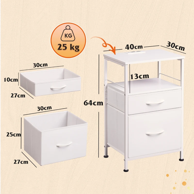 Nachttisch mit Ladefunktion, großer Stauraum, passend für Schlafzimmer, Wohnzimmer und Büro, 39.8x29.8x64.2 cm, Weiß