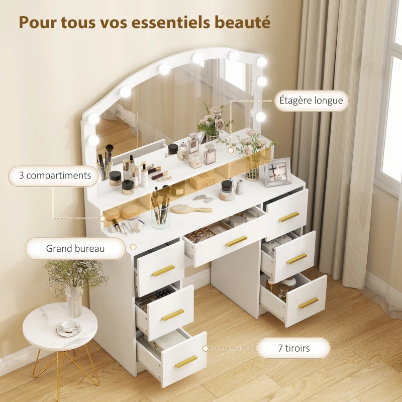 HOMCOM Coiffeuse avec Miroir, Lumières LED Réglable 3 Couleurs, 7 Tiroirs, 3 Compartiments Ouverts, 110 x 40 x 150 cm, Blanc(m-5)