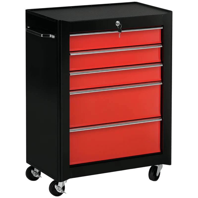 HOMCOM Chariot à outils sur roulettes, Servante d'atelier en acier 5 tiroirs verrouillable 2 clés, 61,5 x 33 x 82,5 cm, rouge