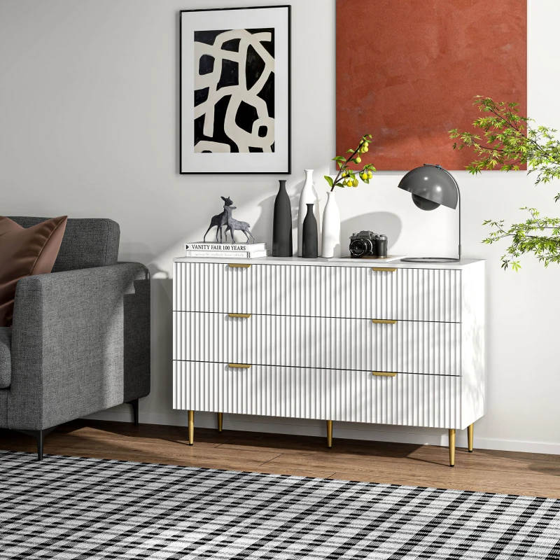 HOMCOM Cassettiera 6 Cassetti Moderna con Maniglie Dorate, 120x40x76.5cm, Bianco