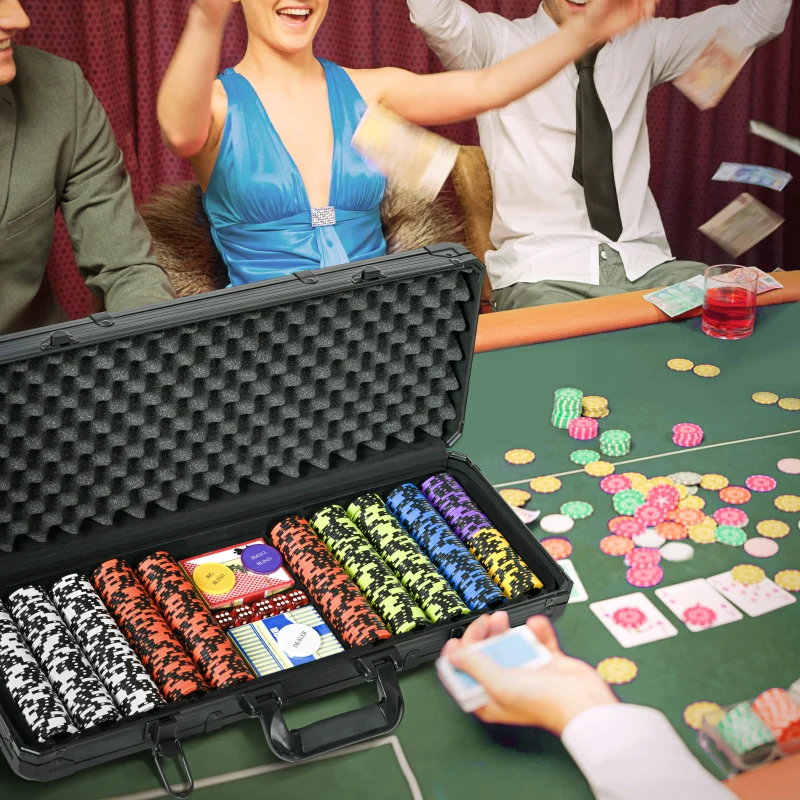 SPORTNOW Set Poker con 500 Fiches, 2 Mazzi di Carte, 5 Dadi, Pulsanti e Valigetta Protettiva in Alluminio Nero