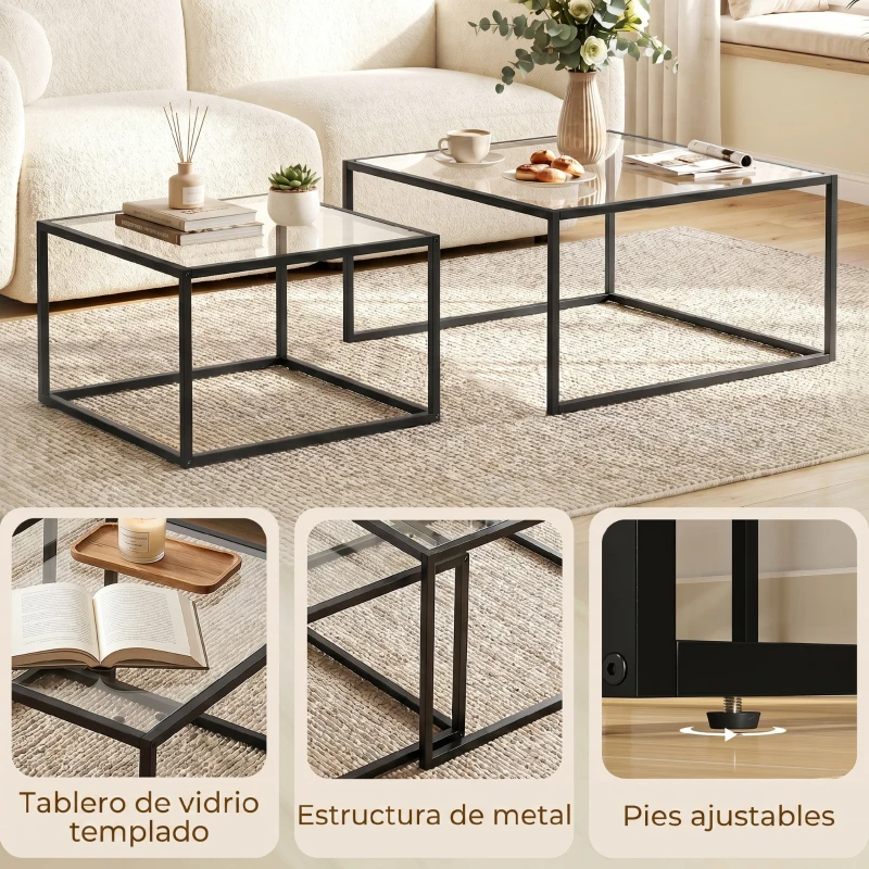 HOMCOM 2 Mesas de Centro Cuadradas Mesas Nido Modernas con Tablero de Vidrio Templado y Estructura Metálica 75x75x42 cm Negro