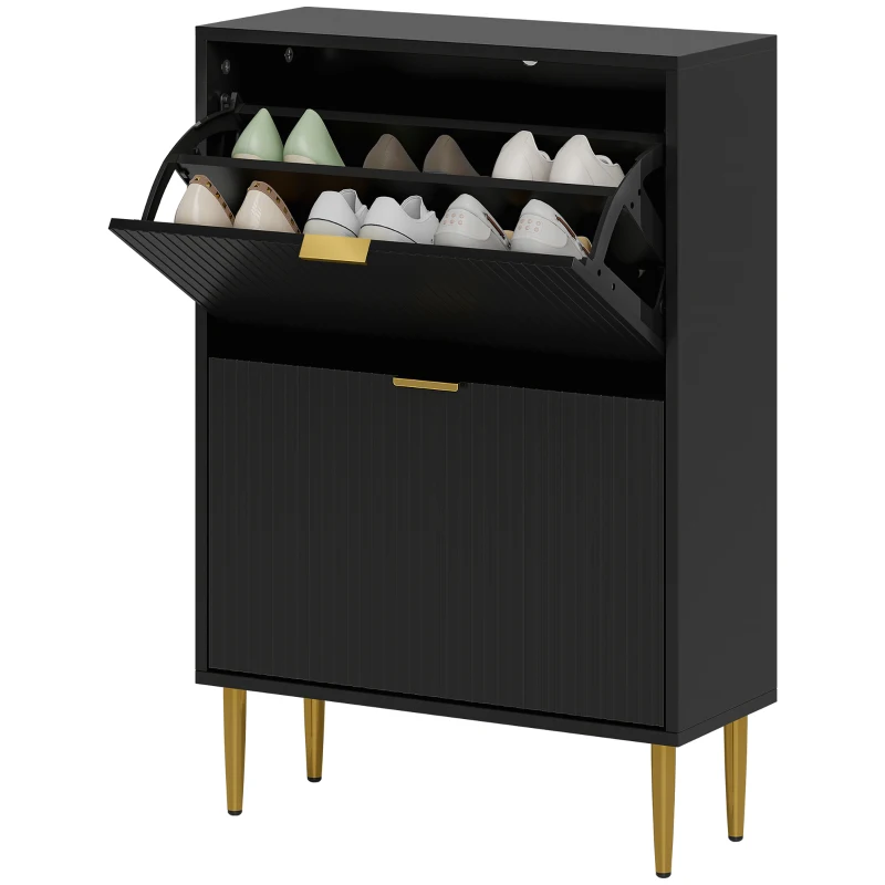 HOMCOM Meuble à chaussures 12 paires avec 2 tiroirs rabattables, portes cannelées et étagères réglables, 60x24x91,5cm, noir