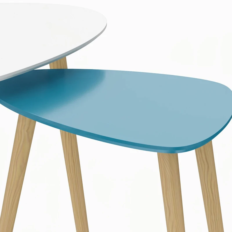 HOMCOM Lot de 2 tables basses gigognes design scandinave pieds en bois et plateau en bois, blanc et bleu