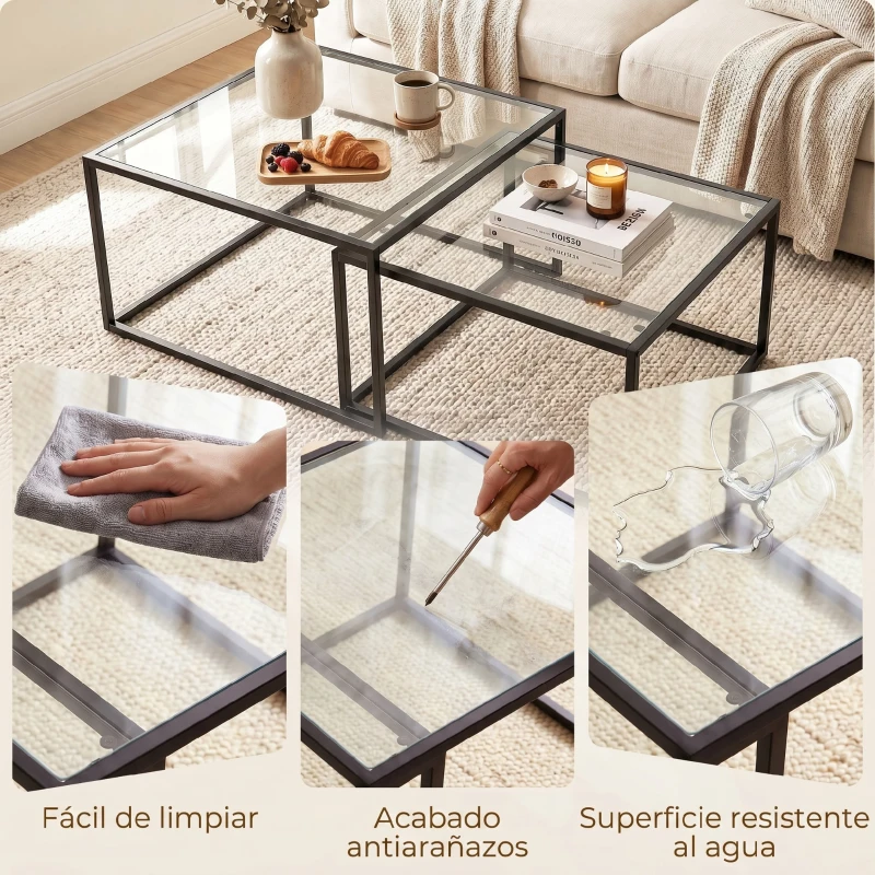 HOMCOM 2 Mesas de Centro Cuadradas Mesas Nido Modernas con Tablero de Vidrio Templado y Estructura Metálica 75x75x42 cm Negro
