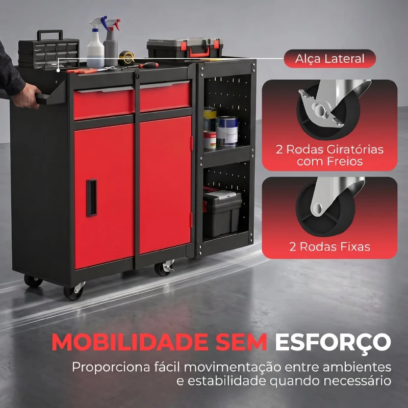 HOMCOM Carro de Ferramentas 3 em 1 com Rodas, 5 Gavetas, Armário Inferior, Painéis Perfurados e Fecho, Preto e Vermelho
