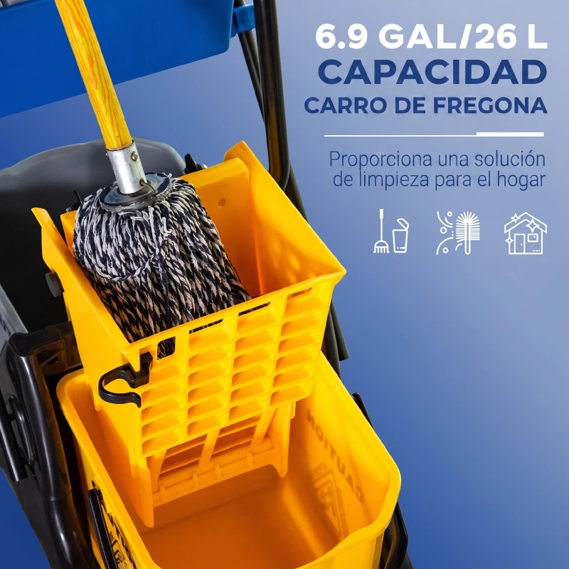 HOMCOM Cubo de Fregona 26 L con Ruedas Sistema de Escurridor Asa de Transporte y Doble Cubetas 78x45x95 cm Multicolor