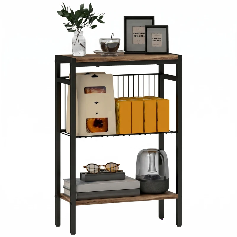 HOMCOM Table d'appoint étroit à 3 niveaux avec étagères de rangement, cadre en acier, pour salon, chambre, 43x18x62,5cm, gris