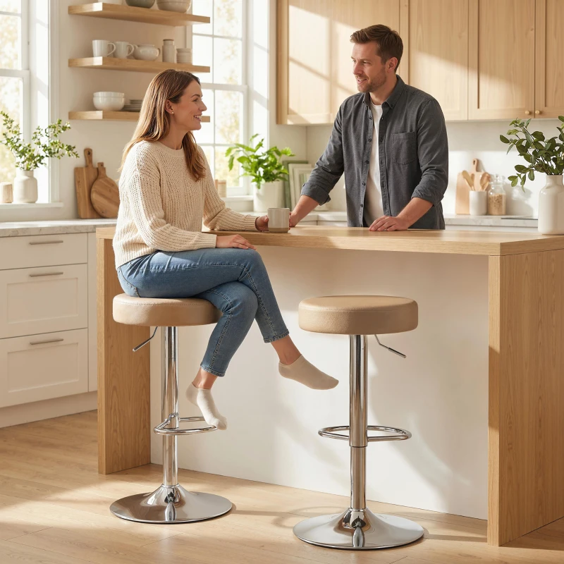 HOMCOM Bar Stools Set of 2, Modern PU Leather Swivel Barstools, Height Adjustable Breakfast Bar Chairs with Footrest, Brown
