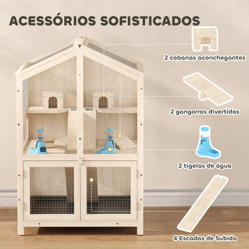 PawHut Gaiola para Hamster de Madeira de 3 Níveis com Bebedouros, Casotas, Baloiços, Bandeja Amovível e Tampas Rebatíveis, Natural