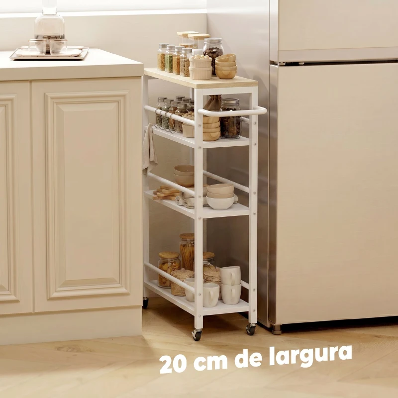 HOMCOM Carrinho Auxiliar com Rodas 4 Níveis Carrinho de Cozinha com Toalheiro e 6 Ganchos para Sala de Jantar 50x20x81 cm Carvalho