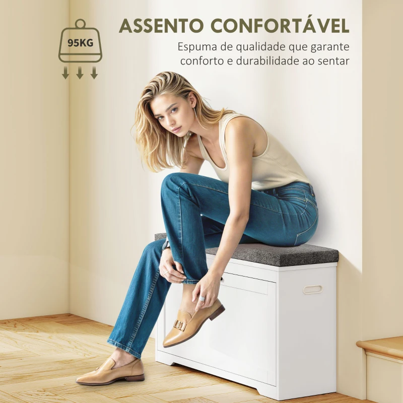 HOMCOM Banco Sapateira Moderno com Assento Acolchoado Prateleira Ajustável para 8 Pares de Sapatos 80x30x50 cm Branco