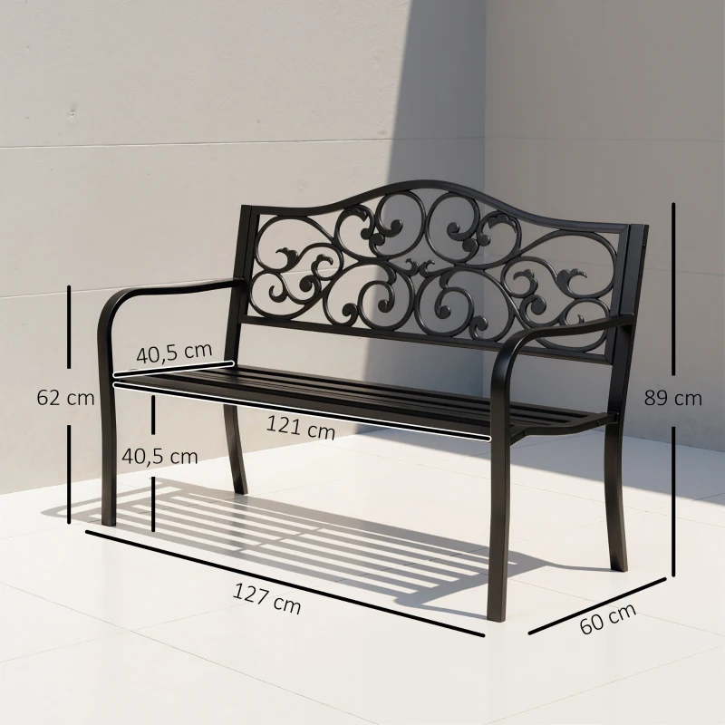 Outsunny Banco Exterior de Jardín Banco de Acero Carga 240 kg para Patio Terraza Balcón 127x60x89 cm Negro