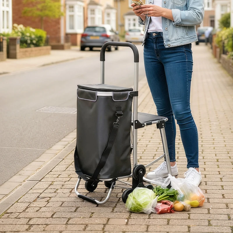 HOMCOM Carrinho de Compras, bolsa Oxford 40 L, design de 3 rodas, estrutura em alumínio, assento, cinza escuro