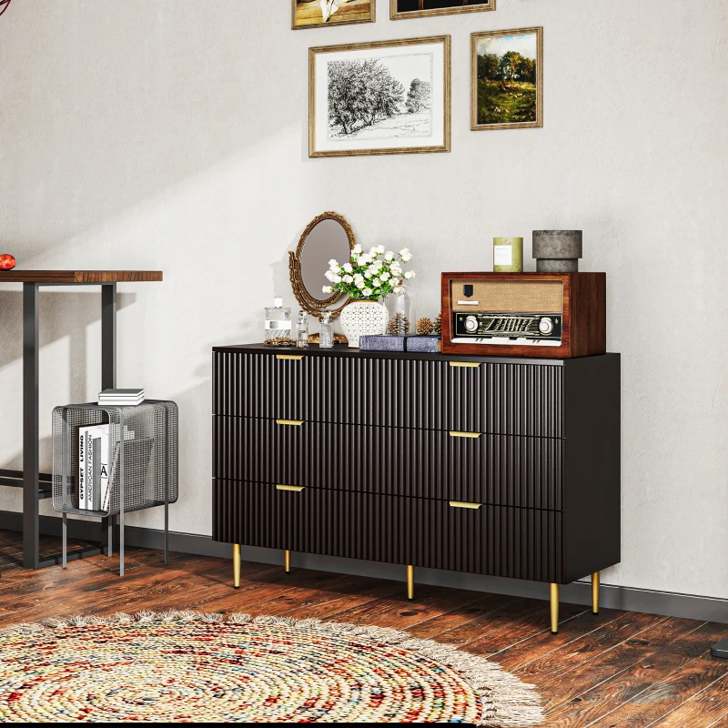 HOMCOM Cassettiera 6 Cassetti Moderna con Maniglie Dorate, 120x40x76.5cm, Nero