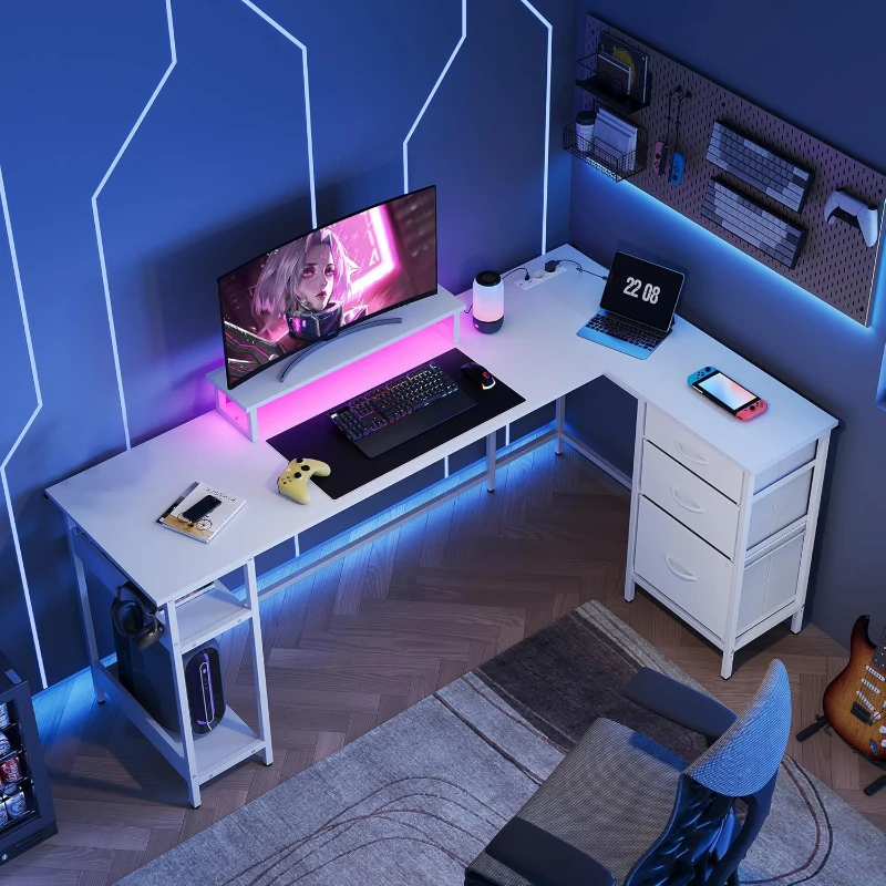L-förmiger Eckschreibtisch, app‑steuerbare LED und integrierte Stromstation, 167.5x50x87.5 cm, Weiß