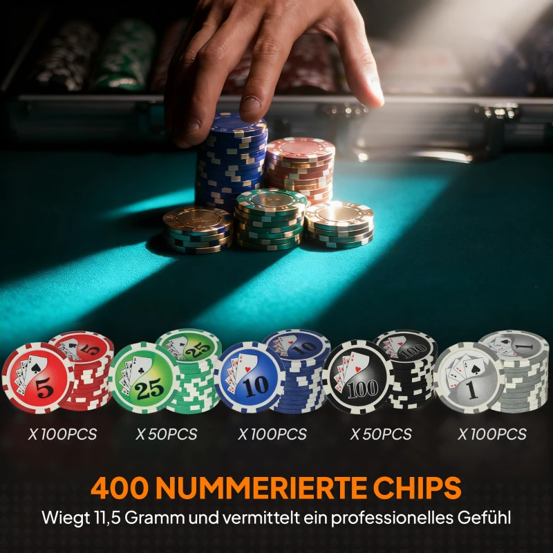 Pokerset SPORTNOW - Pokerkoffer met 400 Chips, 2 Kaartspellen, 5 Dobbelstenen, Dealer-Schijf, Speelmat