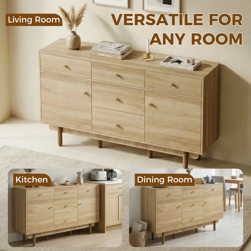 HOMCOM Sideboard with 5 Drawers and 2 Cabinets Buffet Cabinet with Solid Wood Legs 136 cm Walnut