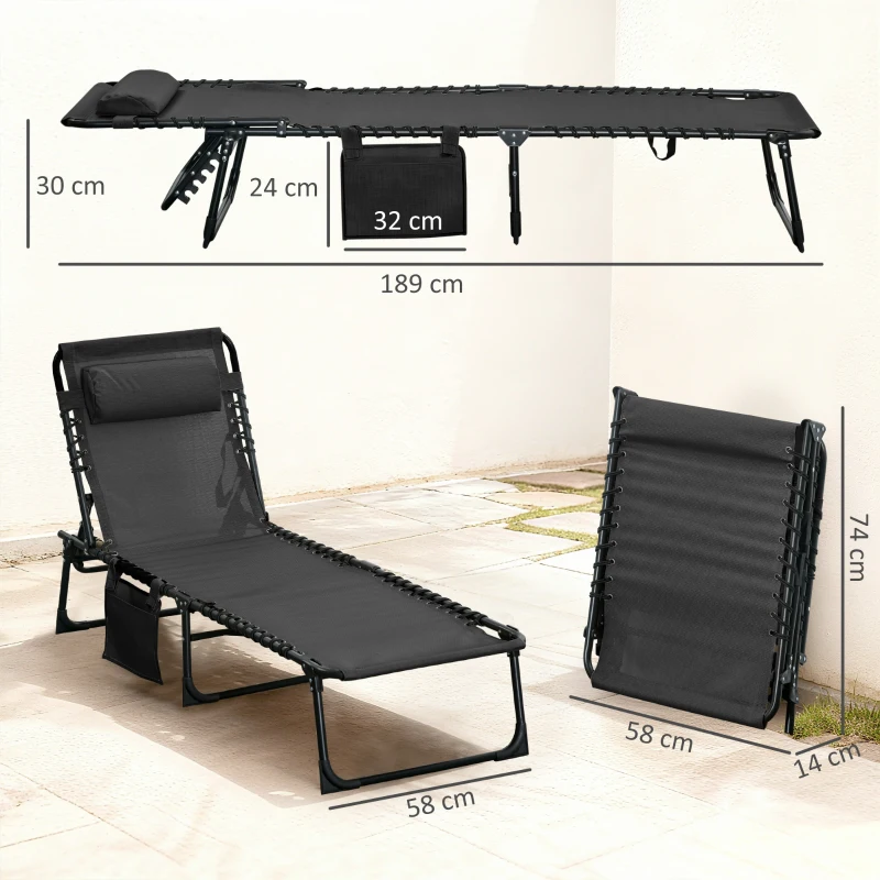 Outsunny Tumbona Plegable con Respaldo Ajustable Reposacabezas Acolchado y Estructura de Acero para Exterior 189x58x30 cm Negro