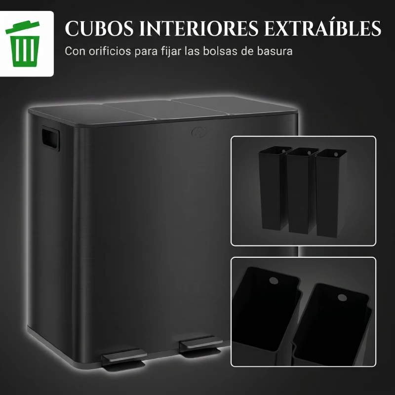 HOMCOM Papelera Cocina de Acero Inoxidable con 3 Compartimentos 3x15L con Pedales Tapas de Cierre Suave y Cubo Extraíble Negro