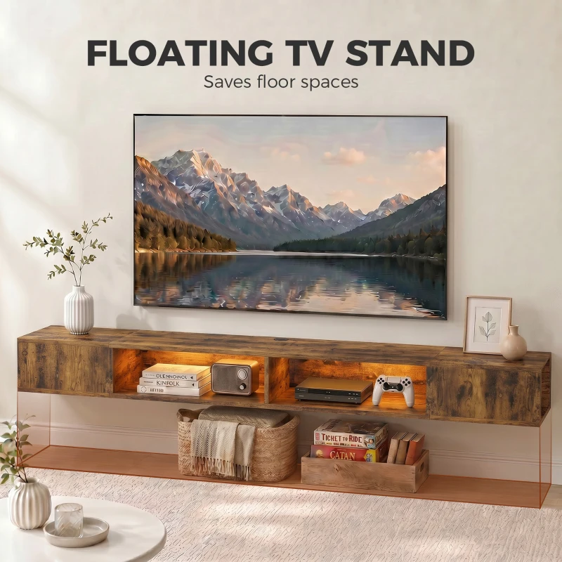 HOMCOM Wall Mounted TV Stand with RGB LED Lights, Floating Entertainment Centre for 75 Inch TV, Rustic Brown