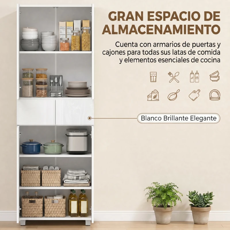 HOMCOM Aparador Alacena de Cocina Mueble Auxiliar con 4 Puertas 2 Cajones y Estantes Ajustables 60x35x170 cm Blanco