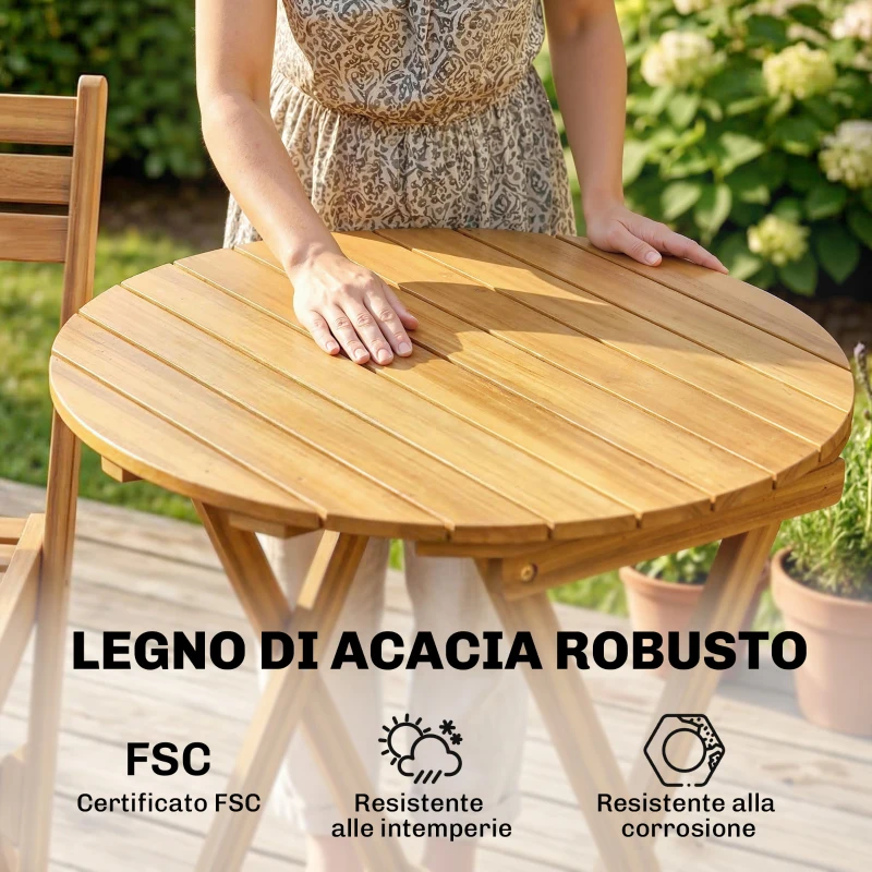 Outsunny Set Bistrò Esterno: 2 sedie pieghevoli e tavolo rotondo, legno naturale.