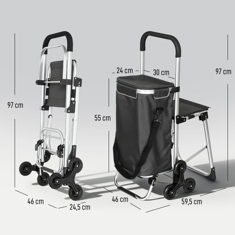 HOMCOM Carrinho de Compras, bolsa Oxford 40 L, design de 3 rodas, estrutura em alumínio, assento, cinza escuro
