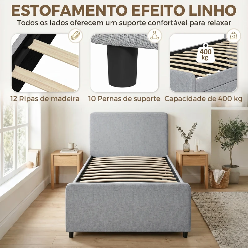 HOMCOM Cama Nido Individual 90x190 cm Estofada em Tecido Efeito Linho com Cabeceira e Estrado Metálico Cinzento Claro