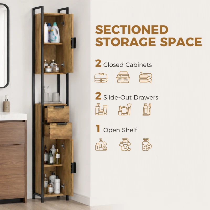 HOMCOM Freestanding Bathroom Cabinet, Tall Bathroom Storage Cabinet with Drawers and Shelves, Linen Storage, Brown