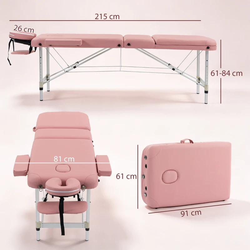 HOMCOM Marquesa de Massagem Dobrável em Alumínio com Altura Ajustável, Apoio de Cabeça e Estrutura Estável, Rosa