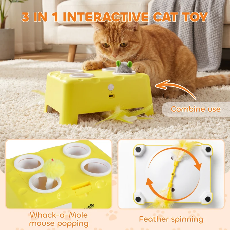 PawHut 3 in 1 Interactive Cat Toys with Mouse & Feather Teaser Toy Rechargeable Automatic for Indoor Kittens & Adult Cats