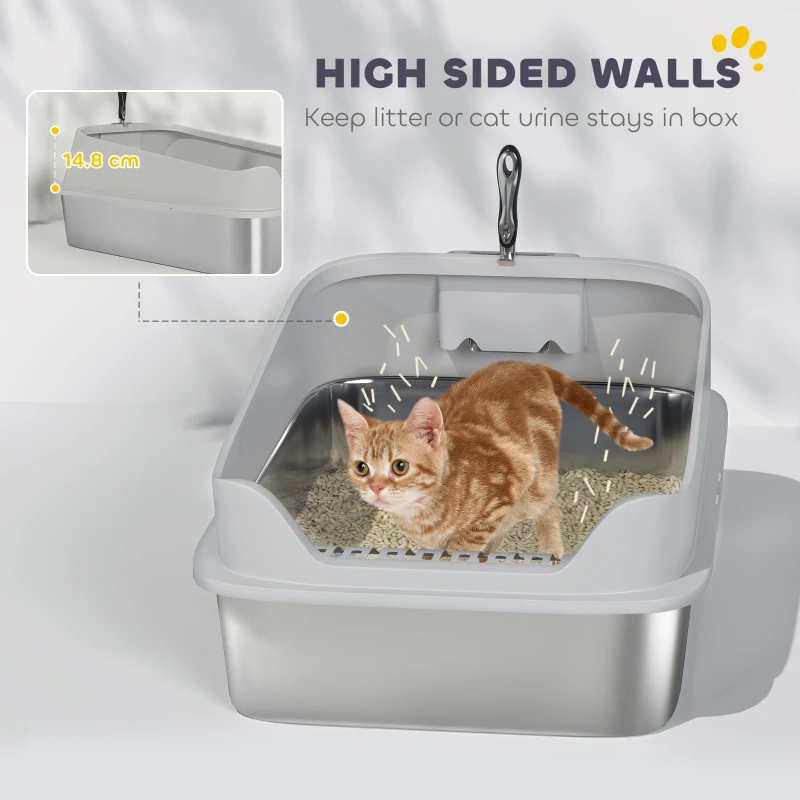 PawHut Lettiera per Gatti XXL in Acciaio Inox con Paletta, Lati Alti, Antiperdita, Antiodore, Fino a 12 kg, Grigio