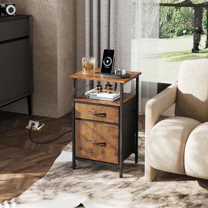 Nachttisch mit Ladefunktion, großer Stauraum, passend für Schlafzimmer, Wohnzimmer und Büro, 39.8x29.8x64.2 cm, Braun