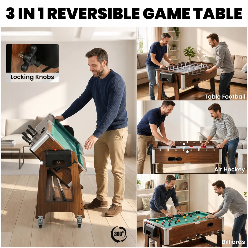 SPORTNOW 3 in 1 Multi Game Table, 3.4ft Reversible Air Hockey Pool Football Games Table with Lockable Wheels, Storage Shelf
