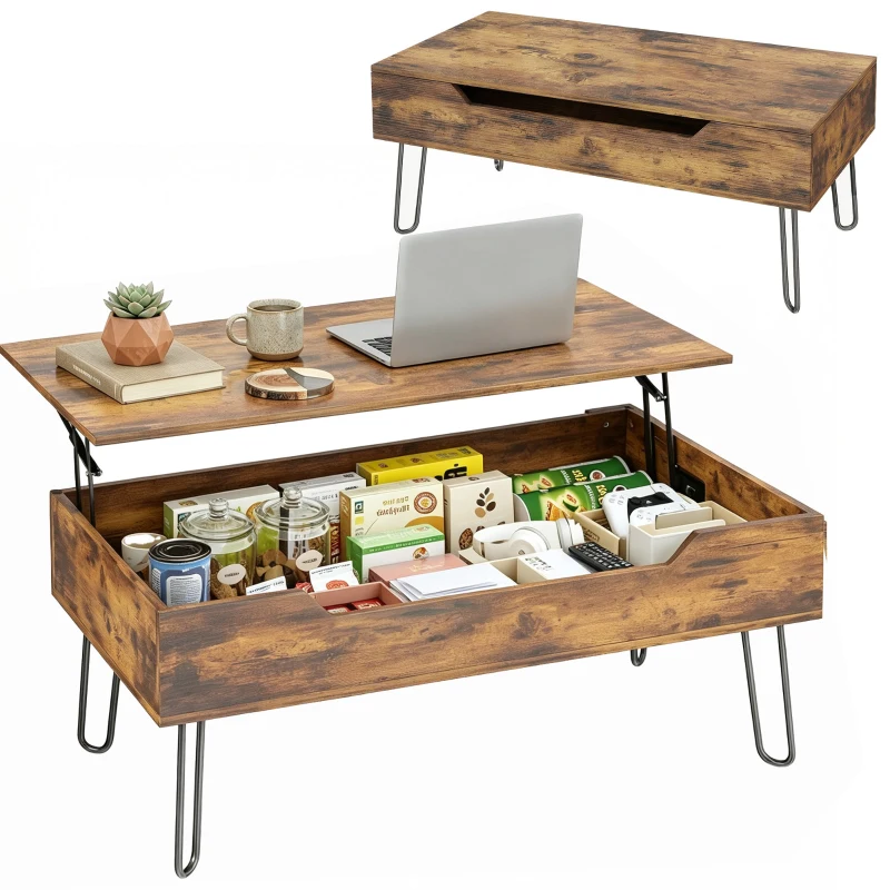 HOMCOM Mesa de Centro con Tapa Elevable Compartimento Oculto Patas de Acero 95x50x40 cm Marrón Rústico
